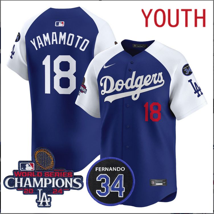 Youth MLB Los Angeles Dodgers 18 Yamamoto blue 2024 World Series Champions Patch Limited Jersey style 3